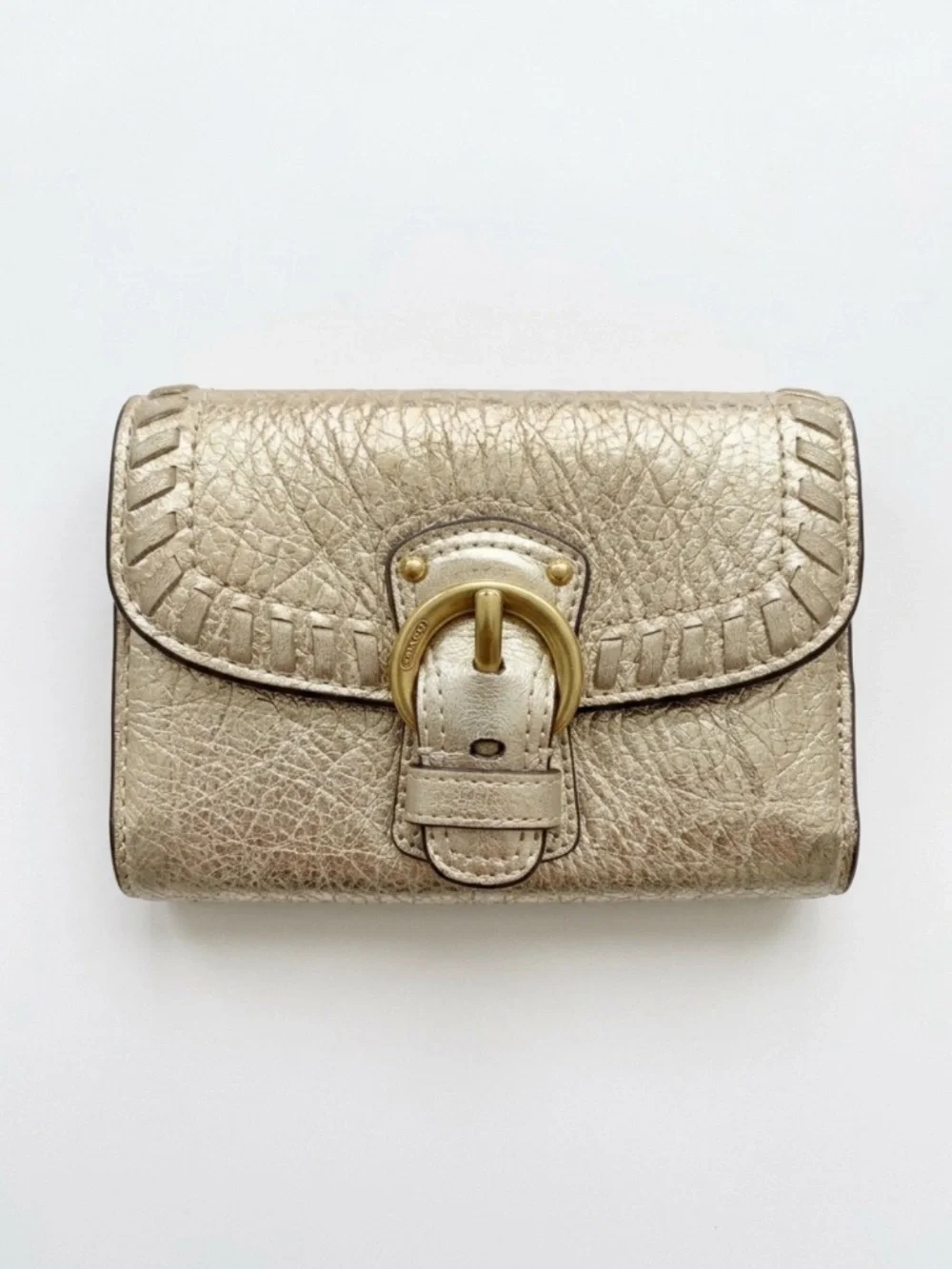 Vintage Coach Soho Metallic Gold Crackle Leather Whipstitch Buckle Wallet